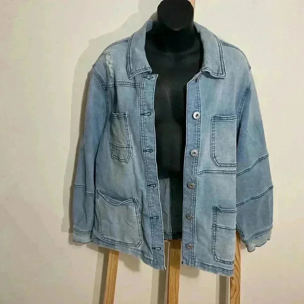 Style & Co Size Large Blue Denim Coat Jacket Women’s Patchwork design 99%cotton